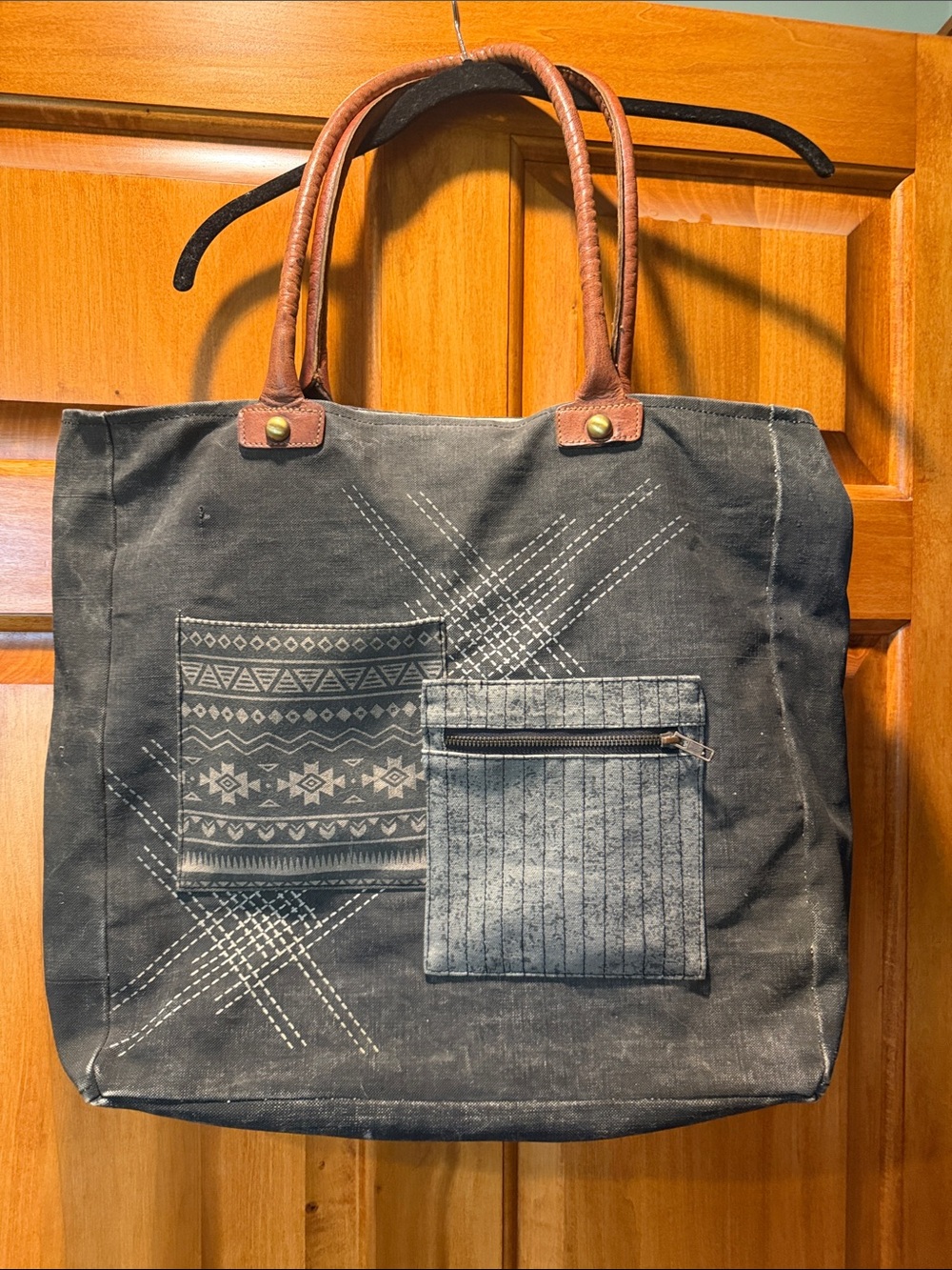 Mona B Black Canvas Tote with Brown Leather Handles